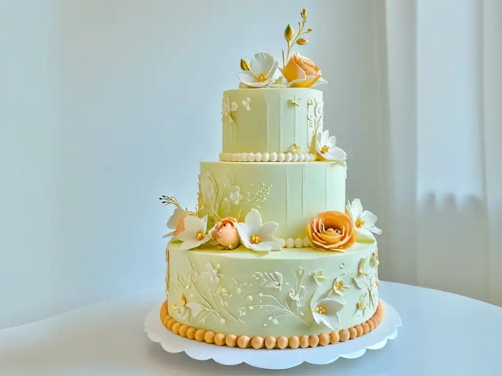 Importancia de recetas familiares en repostería: Exquisita tarta decorada con flores de azúcar, detalles elegantes y toques de oro comestible