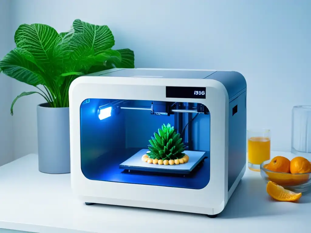 Una impresión 3D de postres detallados en un ambiente ecofriendly, fusionando tecnología y naturaleza