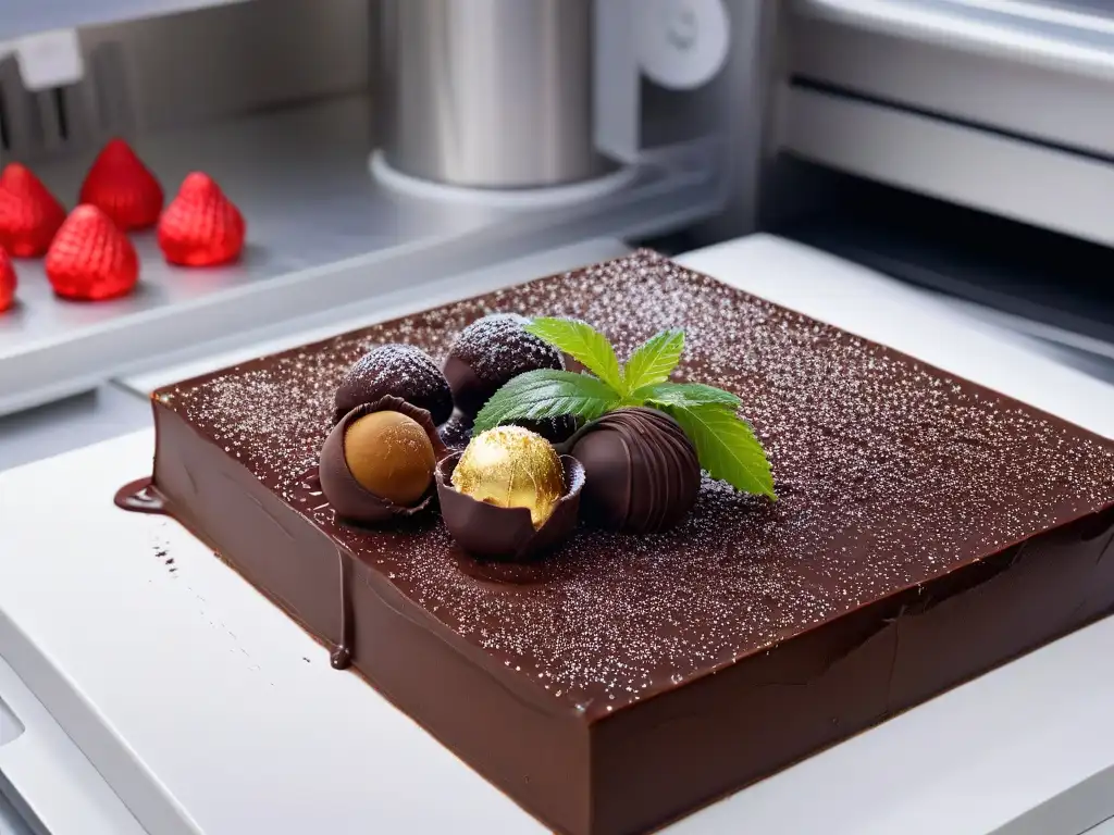 Una impresión 3D en repostería de chocolate: una cocina moderna con impresora 3D creando decoraciones de chocolate, rodeada de bombones coloridos