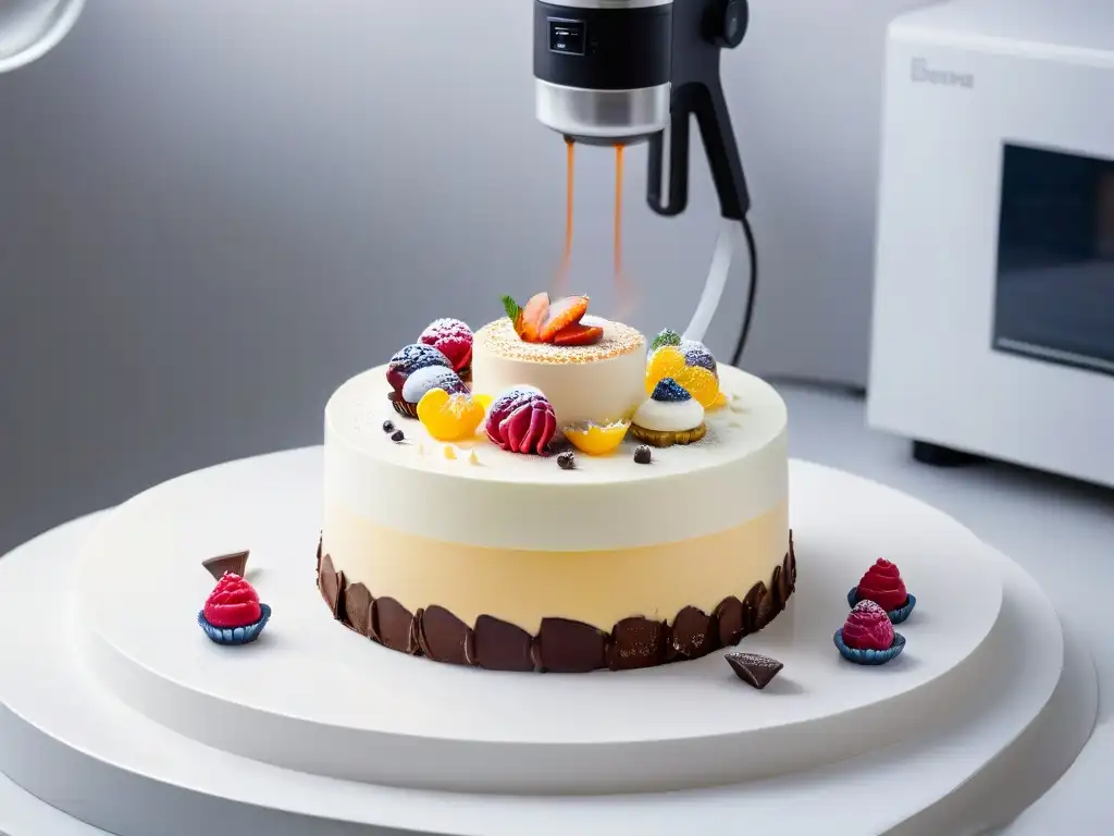 Un impresionante aparato SousVide rodeado de postres coloridos y detallados, exhibiendo la creatividad en repostería