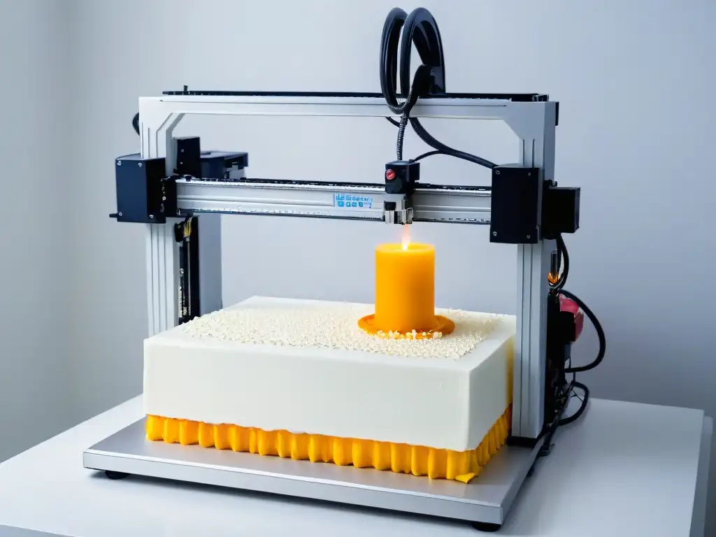 Una impresionante impresora 3D de pastelería creando delicadas decoraciones de azúcar para un pastel de bodas