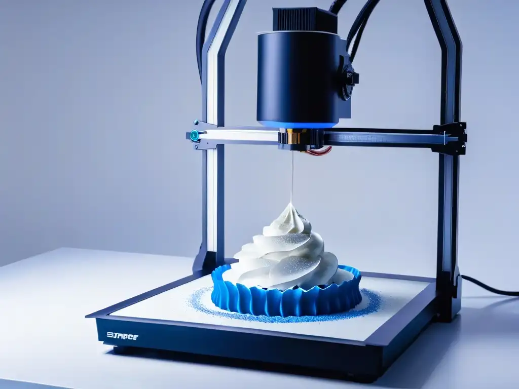 Una impresionante impresora 3D futurista elaborando diseños de postres delicados con inteligencia artificial en repostería 3D