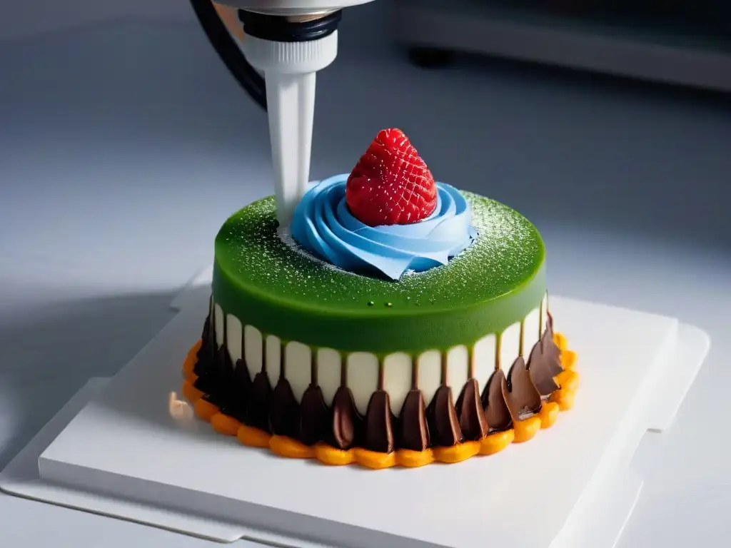 Una impresionante impresora 3D futurista creando un postre personalizado con vibrantes colores y detalles intrincados