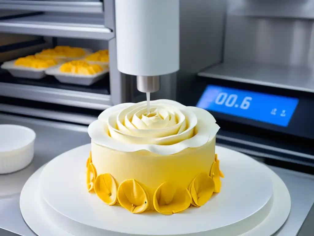 Una impresionante impresora 3D creando una rosa de azúcar en una pastelería elegante