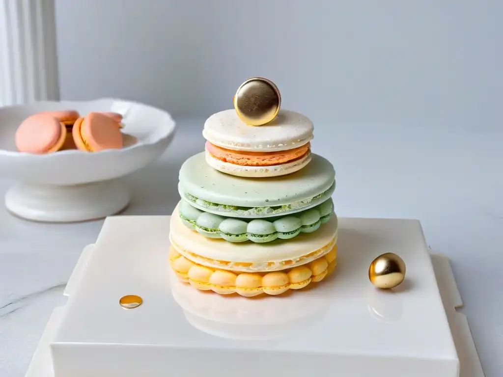 Una impresionante mesa de postres para cumpleaños con elegantes macarons pastel y detalles en oro