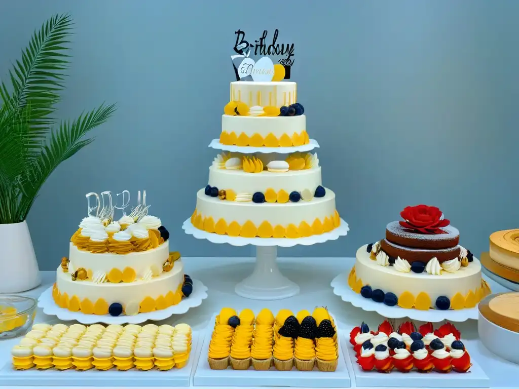 Una impresionante mesa de postres para cumpleaños, elegante y minimalista con macarons, cupcakes y pastel decorado