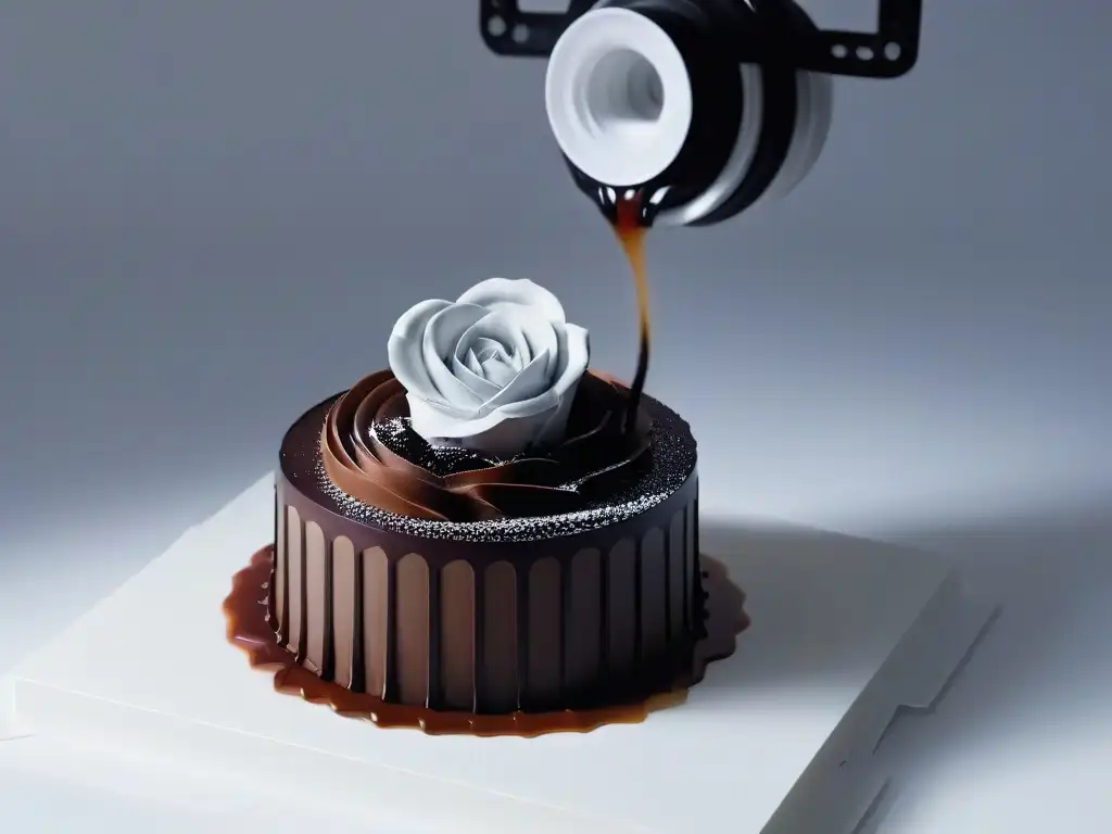 Un impresionante postre esculpido en 3D de una rosa de chocolate, iluminada en una habitación tenue