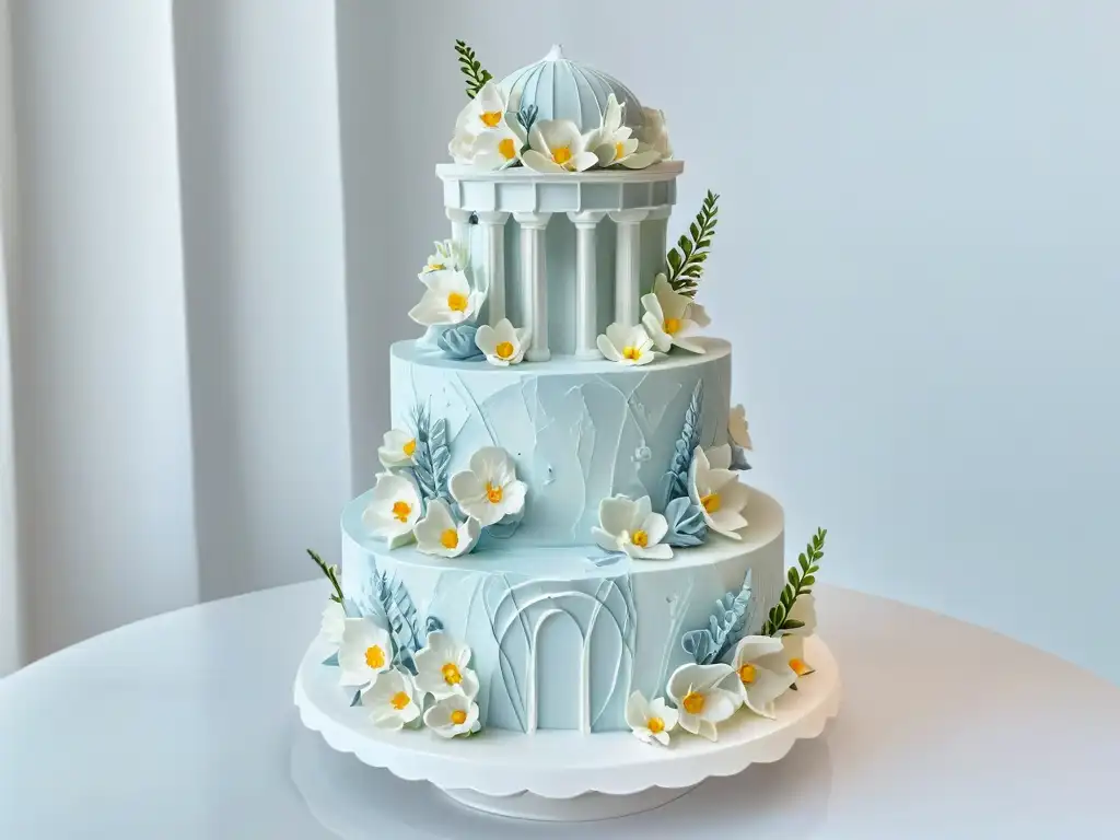 Una impresionante tarta de boda inspirada en la arquitectura griega, con detalles de fondant mármol, columnas elegantes y ornamentos florales