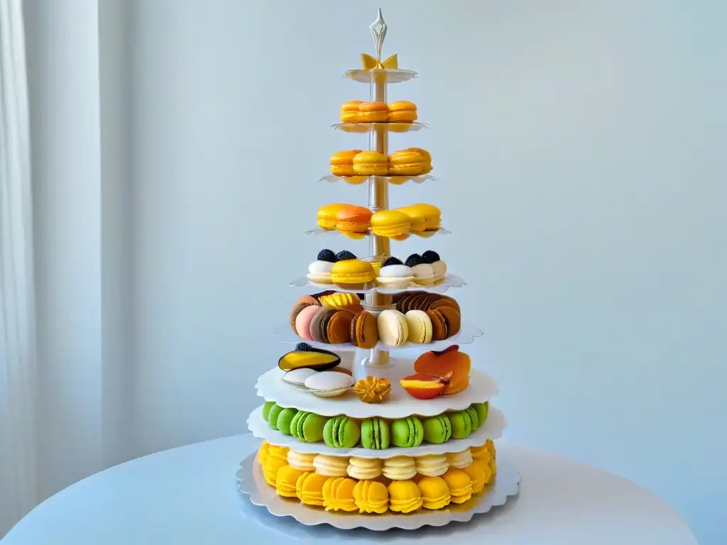 Una impresionante torre de macarons equilibra sabores en repostería con colores y decoraciones vibrantes sobre fondo blanco