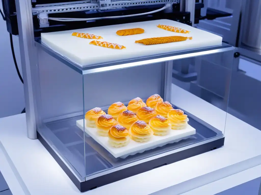 Una impresora 3D de alimentos futurista y detallada, creando pastelería de diseño con precisión