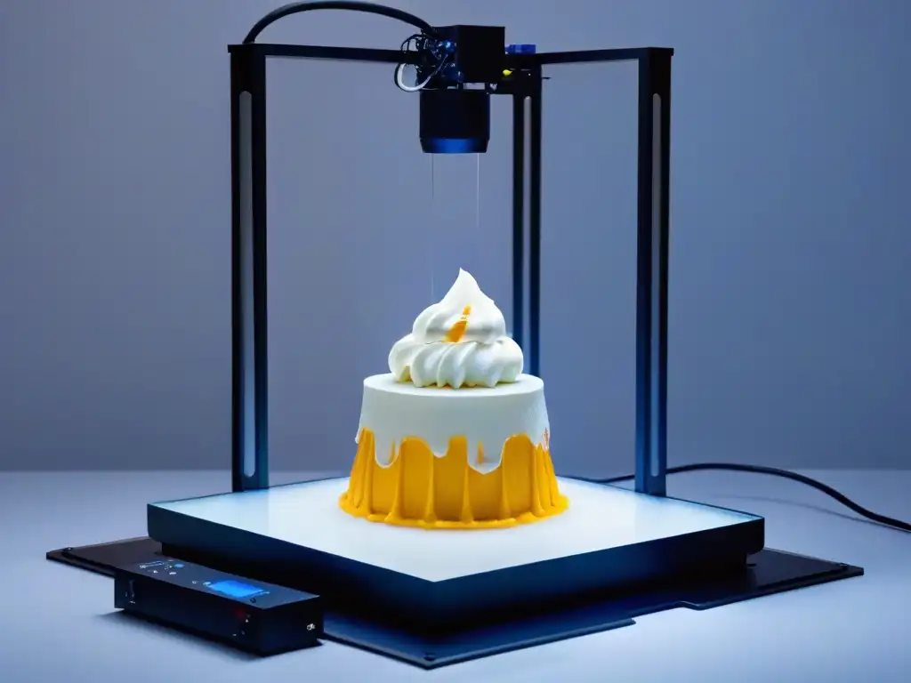 Una impresora 3D casera creando un diseño de postre 3D, destacando innovación y precisión en un ambiente minimalista