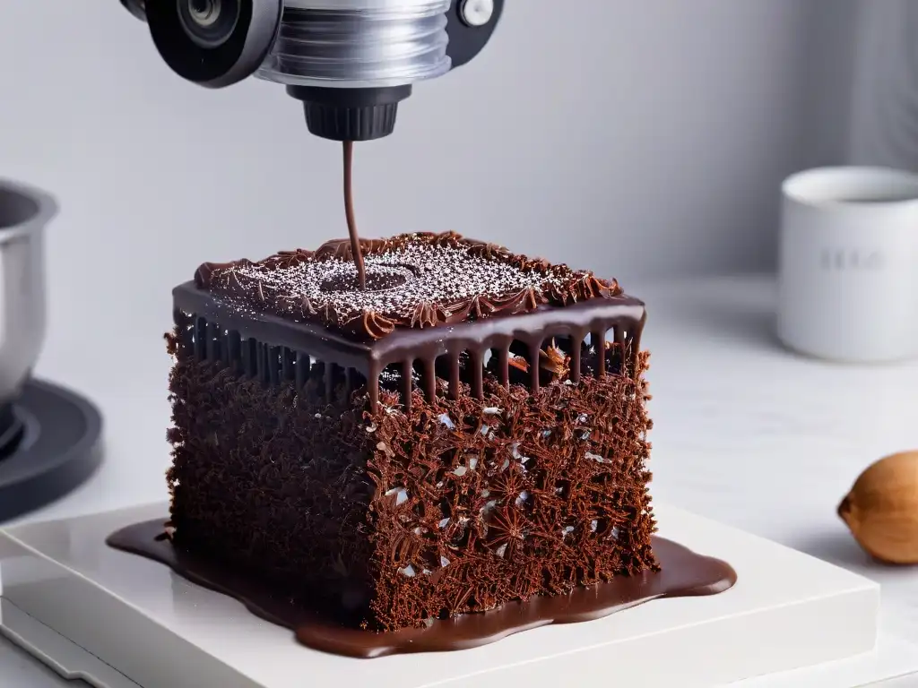 Impresora 3D creando escultura de chocolate con efecto hipnótico en cocina moderna para imprimir chocolates artísticos en 3D