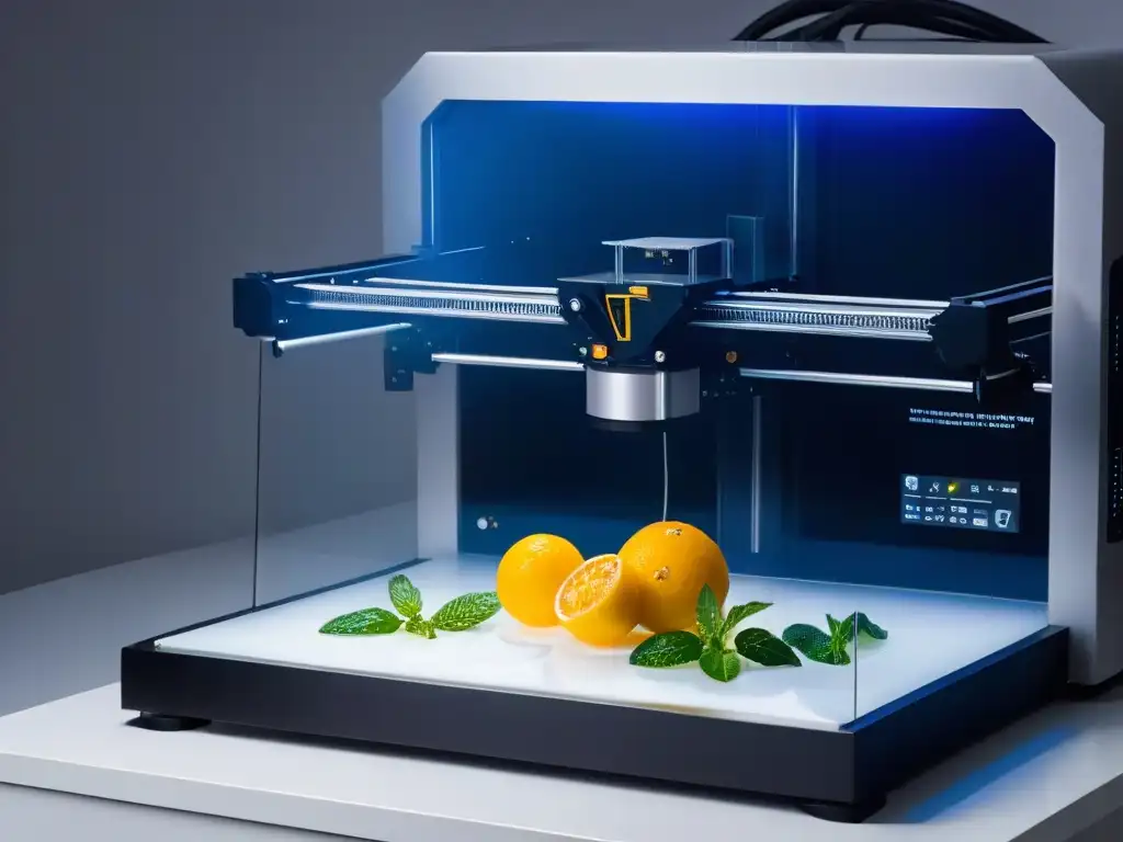 Una impresora 3D futurista elaborando un postre detallado, iluminada con suavidad