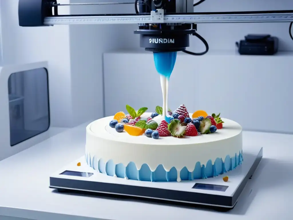 Una impresora 3D futurista crea postres seguros para alérgicos en laboratorio blanco impecable