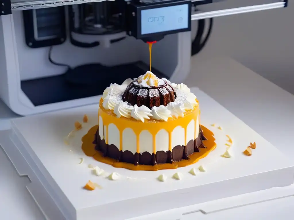 Una impresora 3D moderna creando una decoración de postre de lujo, fusionando tecnología y arte culinario