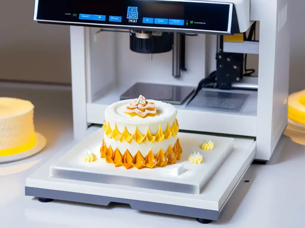 Una impresora 3D moderna crea delicadas esculturas de azúcar en una cocina minimalista