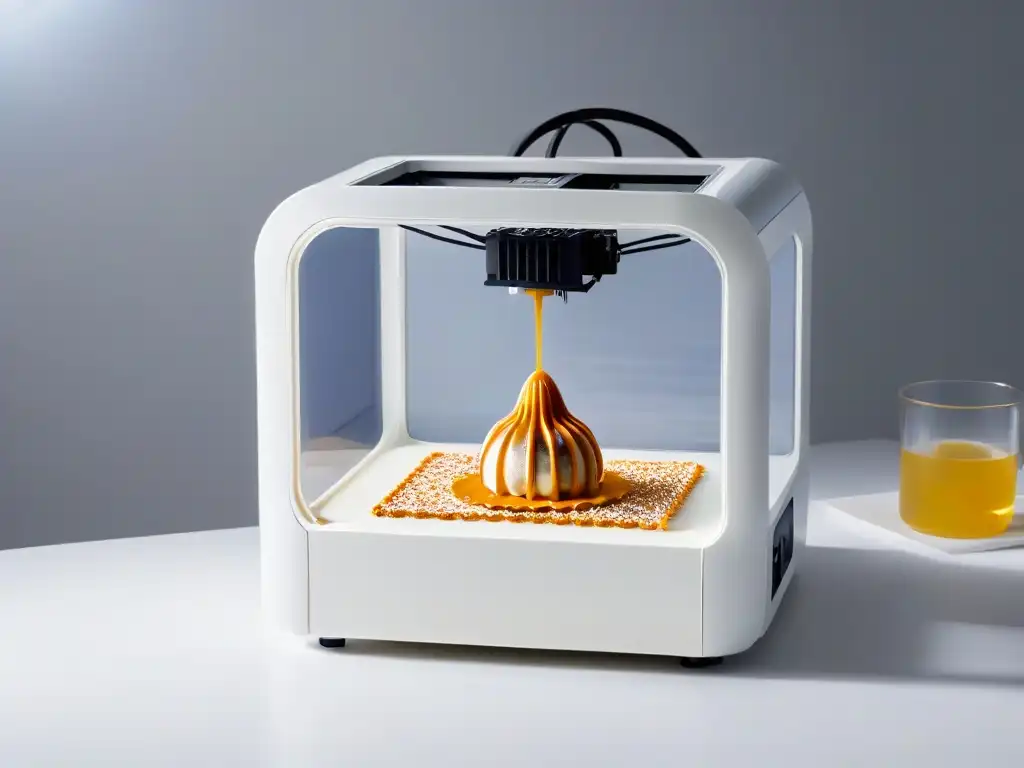 Una impresora 3D moderna creando un diseño de postre detallado en una cocina minimalista