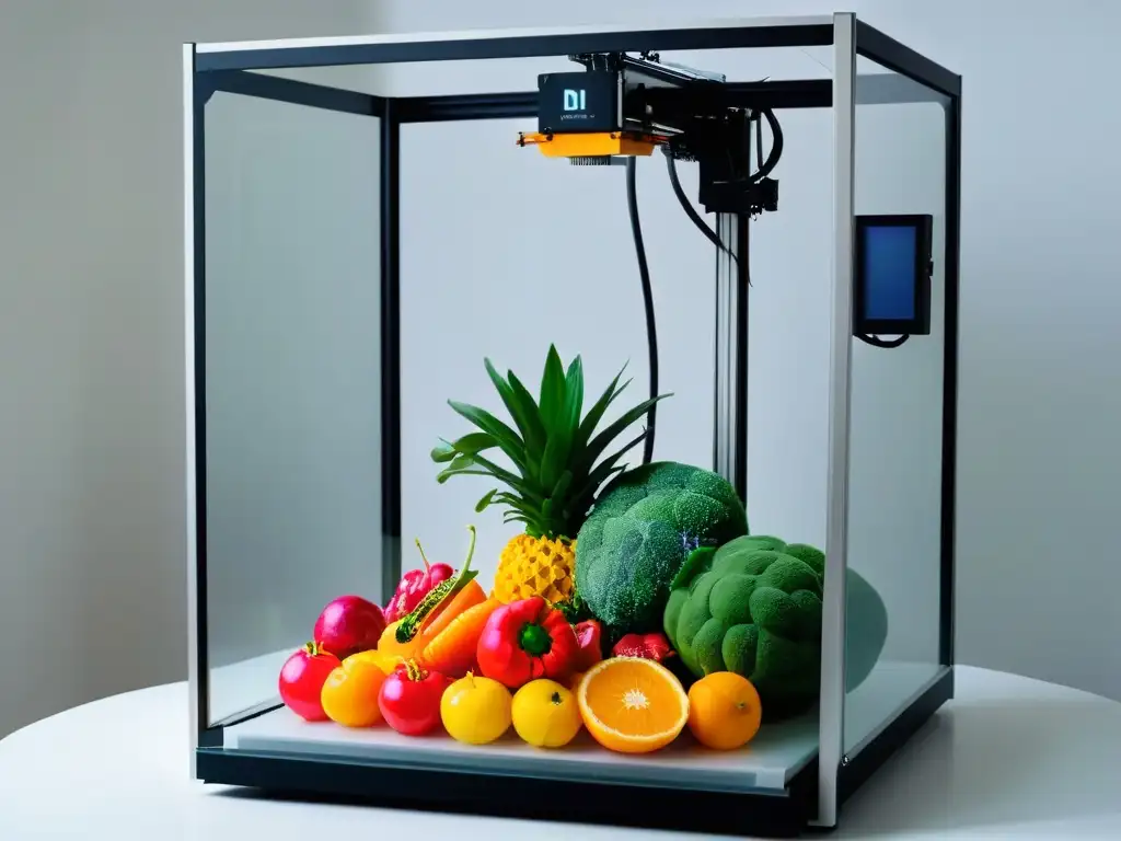 Una impresora 3D moderna usa filamentos comestibles para crear diseño vibrante de frutas y vegetales