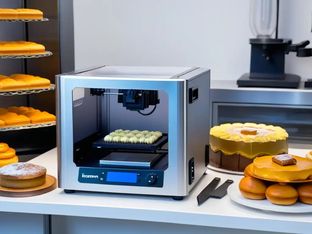 Una impresora 3D moderna se integra armoniosamente en una panadería tradicional, resaltando la fusión innovadora de Repostería con impresión 3D