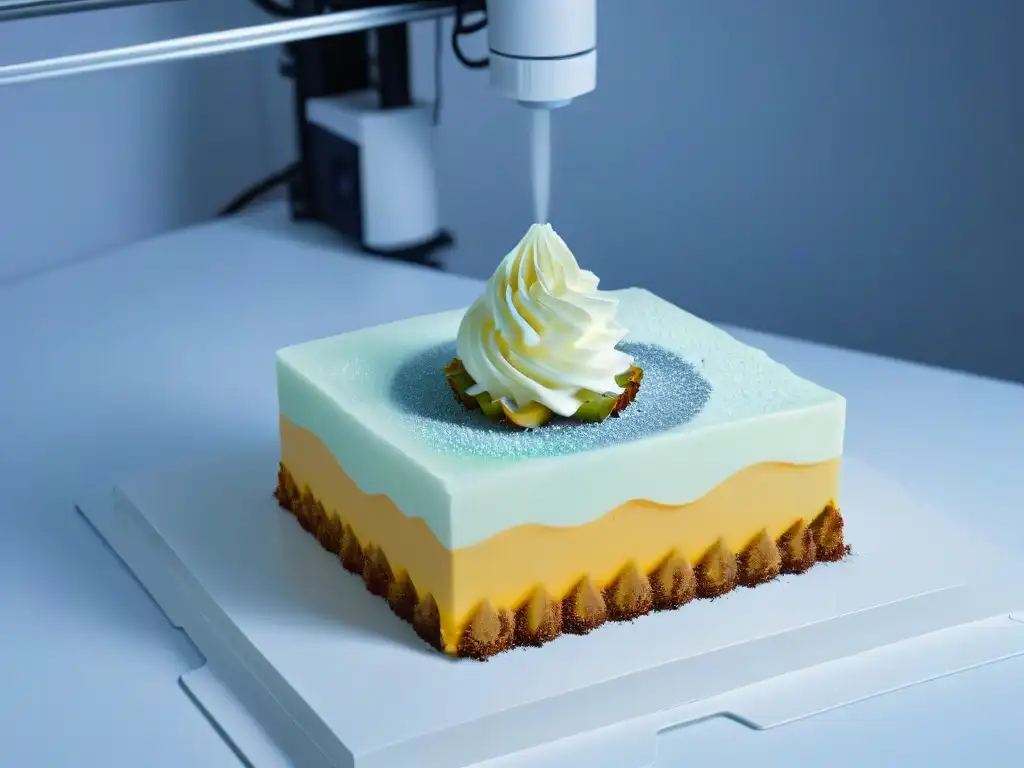 Una impresora 3D moderna creando postres delicados con IA, en un ambiente iluminado