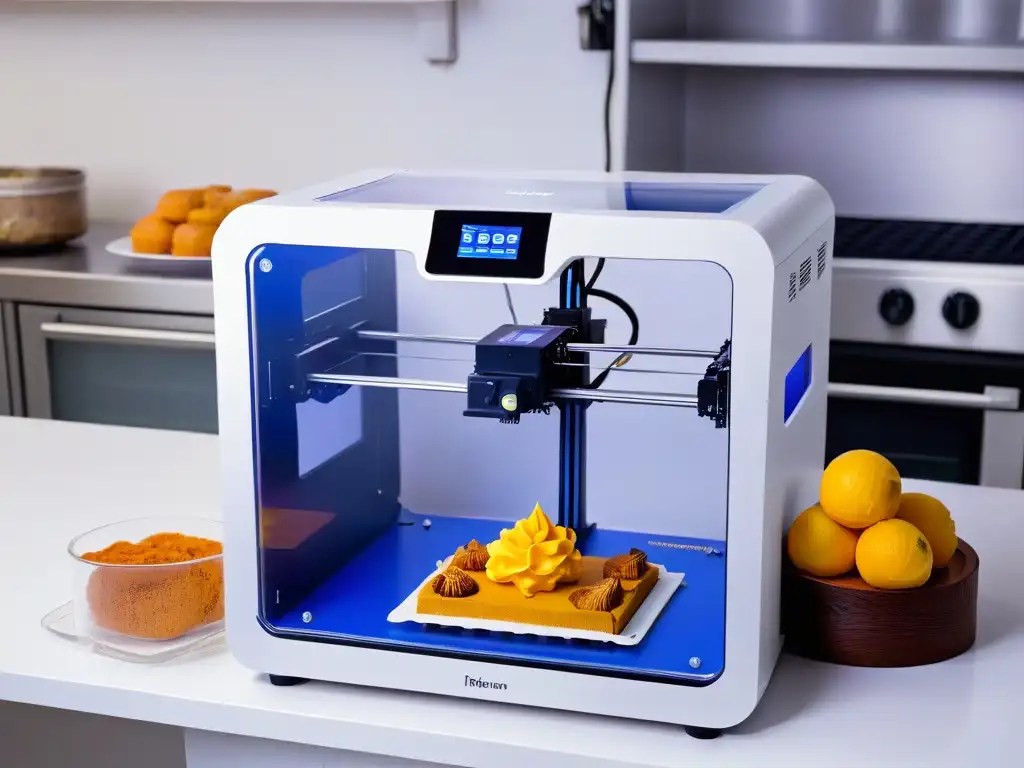 Una impresora 3D de postres de alta tecnología creando delicias en una cocina minimalista