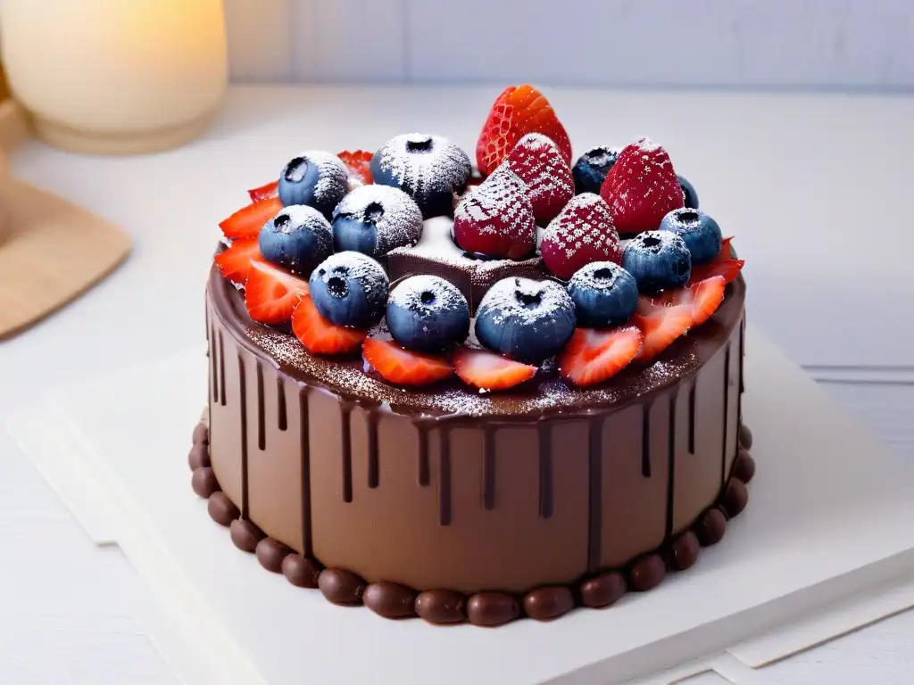 Incorporación de proteínas en repostería: Delicioso pastel de chocolate con mousse y decoración minimalista de frutos rojos