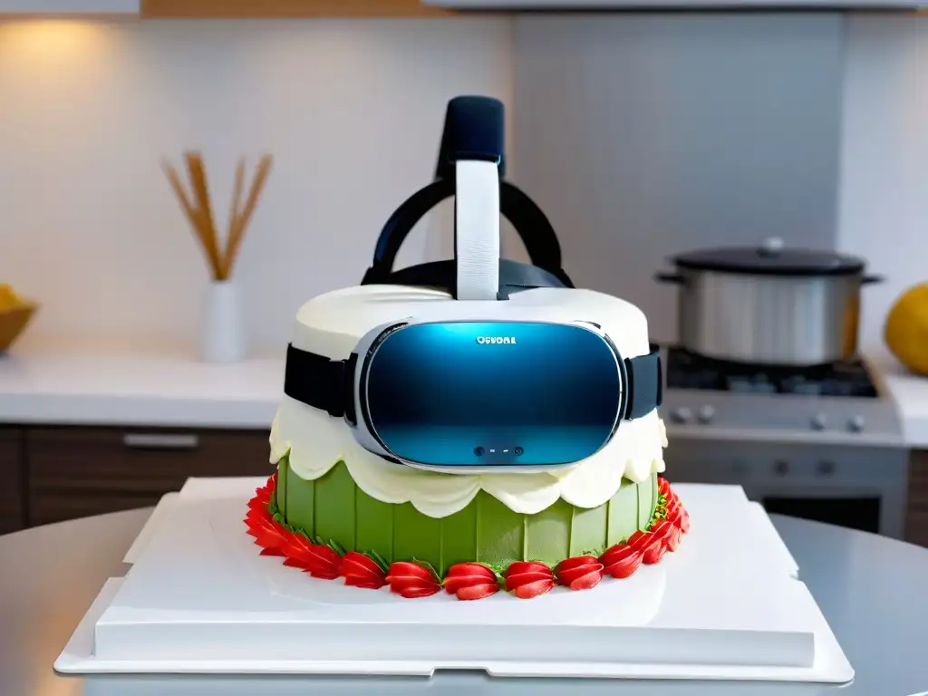 Increíble simulación de un pastel en Realidad Virtual sobre una encimera moderna, ideal para cursos de repostería en Realidad Virtual