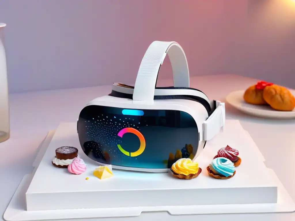 Increíble Realidad Virtual en repostería: auriculares VR rodeados de pasteles y utensilios de cocina virtuales detallados y coloridos