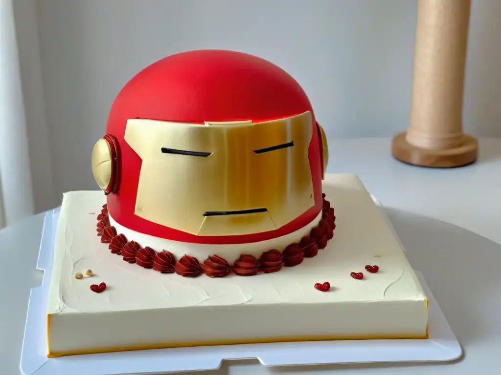 Una increíble receta pastel Iron Man fácil: un pastel detallado en forma de casco de Iron Man, con ojos brillantes y colores metálicos