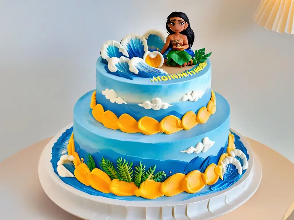 Increíble tarta Moana decorada con detalle y colores vibrantes en un atardecer tropical