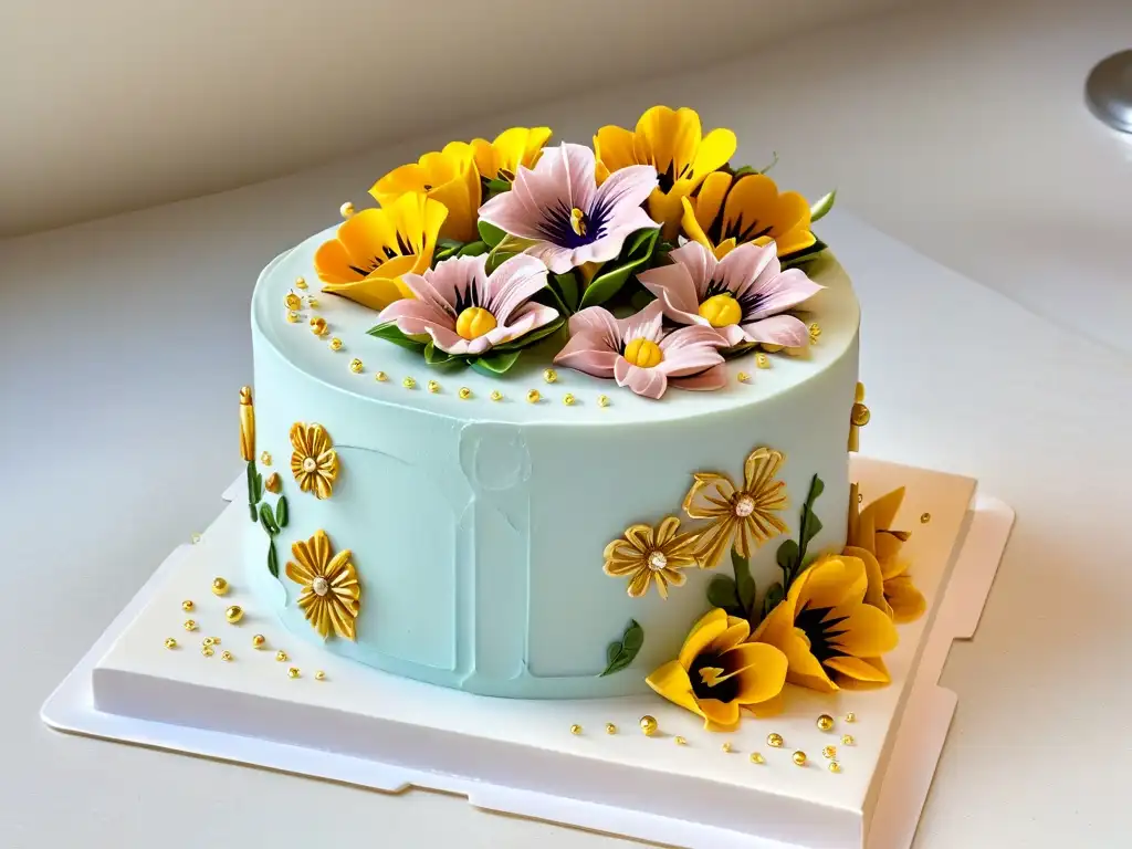 Pastel de tres pisos con decoración detallada y flores comestibles Increíble tarta de tres pisos con decoraciones detalladas y flores comestibles, sobre una encimera de mármol