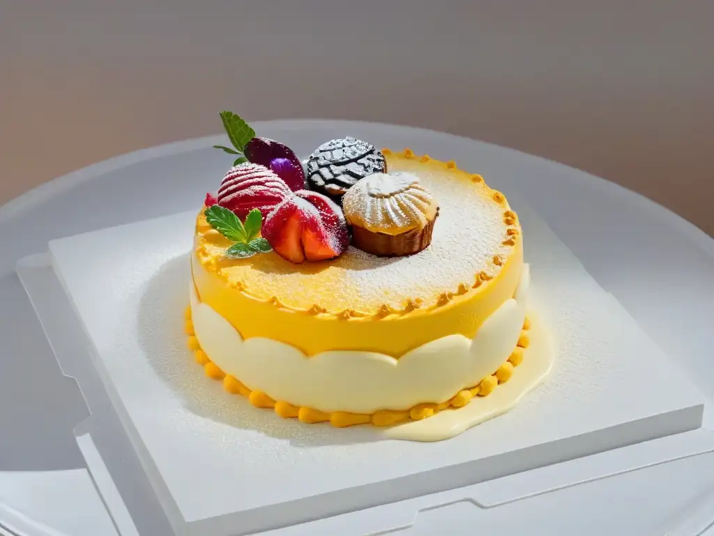 Influencia de Gastón Lenôtre en repostería: Exquisita exhibición de pasteles, mostrando detalles y colores vibrantes en una bandeja minimalista