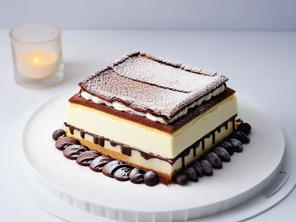 Influencia de la repostería italiana en postres: Detalle de un elegante Tiramisú en un plato blanco, resaltando sus capas y texturas