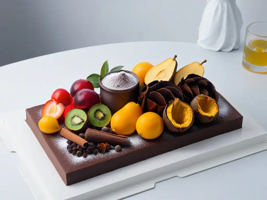 Ingrediente premium para repostería innovadora: vainilla, cacao, especias y frutas frescas en cocina moderna