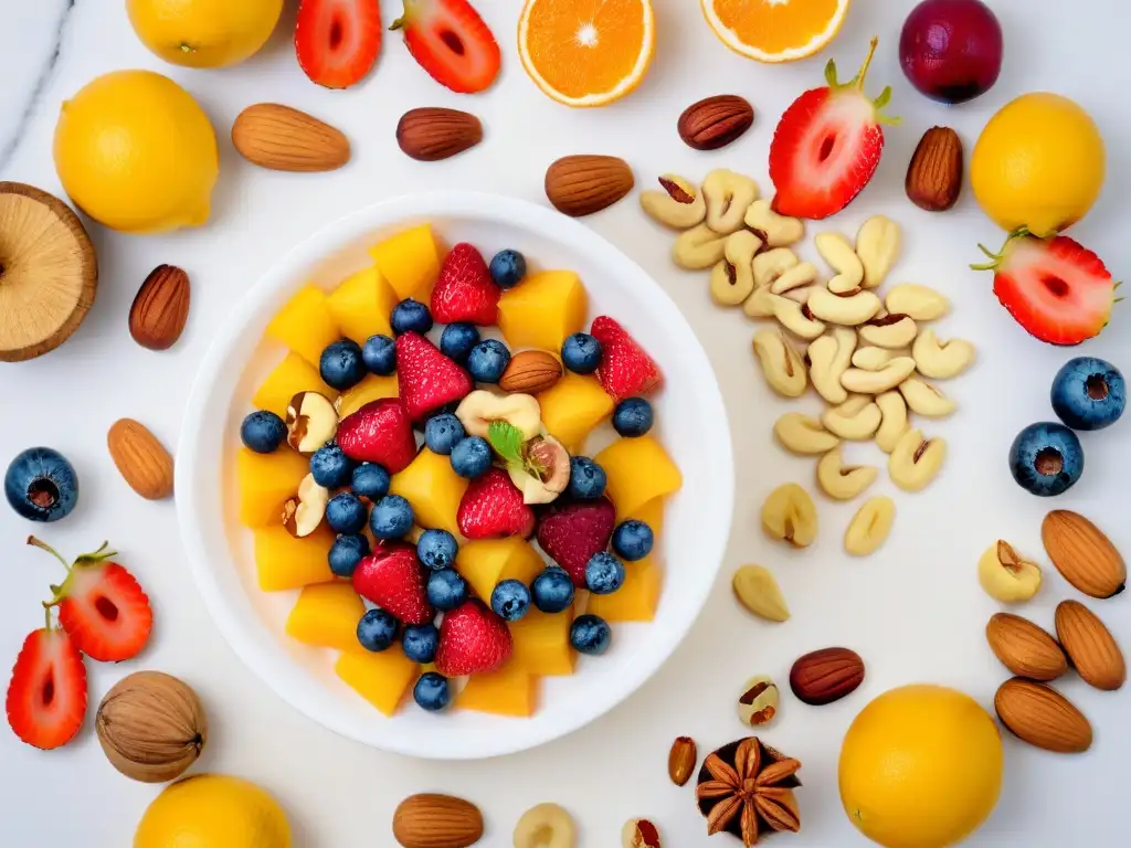 Armonía Frutal y Nutritiva: Ingredientes Veganos para Hornear Ingredientes balanceados para repostería vegana: una vibrante composición de frutas y frutos secos en mármol blanco