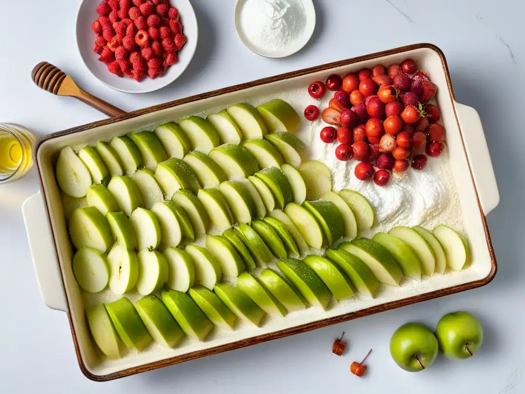 Ingredientes para una deliciosa receta crumble de manzana y frutos rojos en elegante presentación sobre encimera de mármol blanco