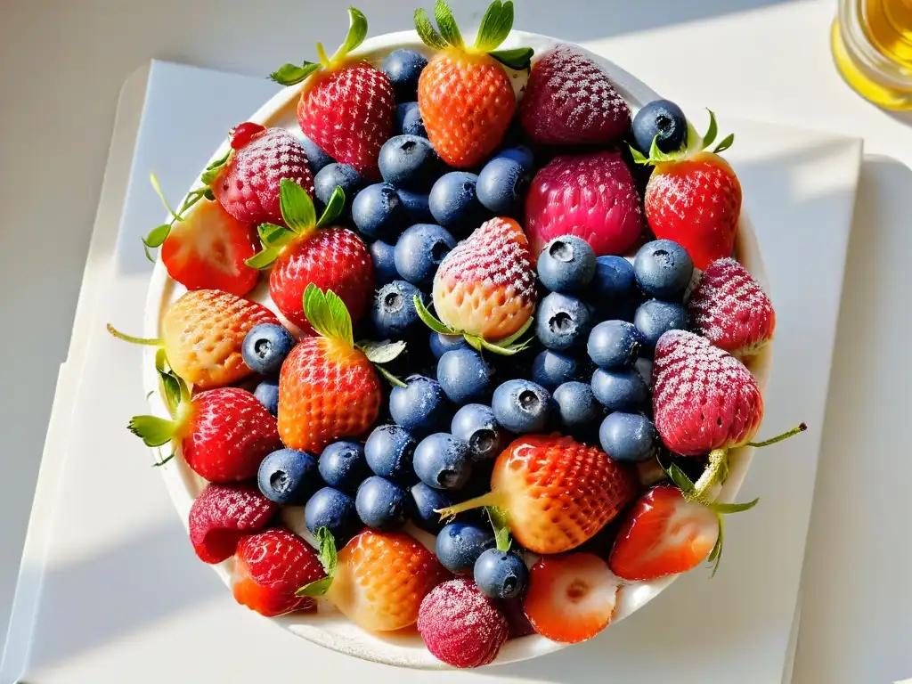 Deliciosas frutas rojas en mármol blanco: fresas, arándanos y frambuesas Ingredientes especiales para repostería: Sabrosas fresas, arándanos y frambuesas frescas sobre mármol blanco, bañadas en rocío brillante