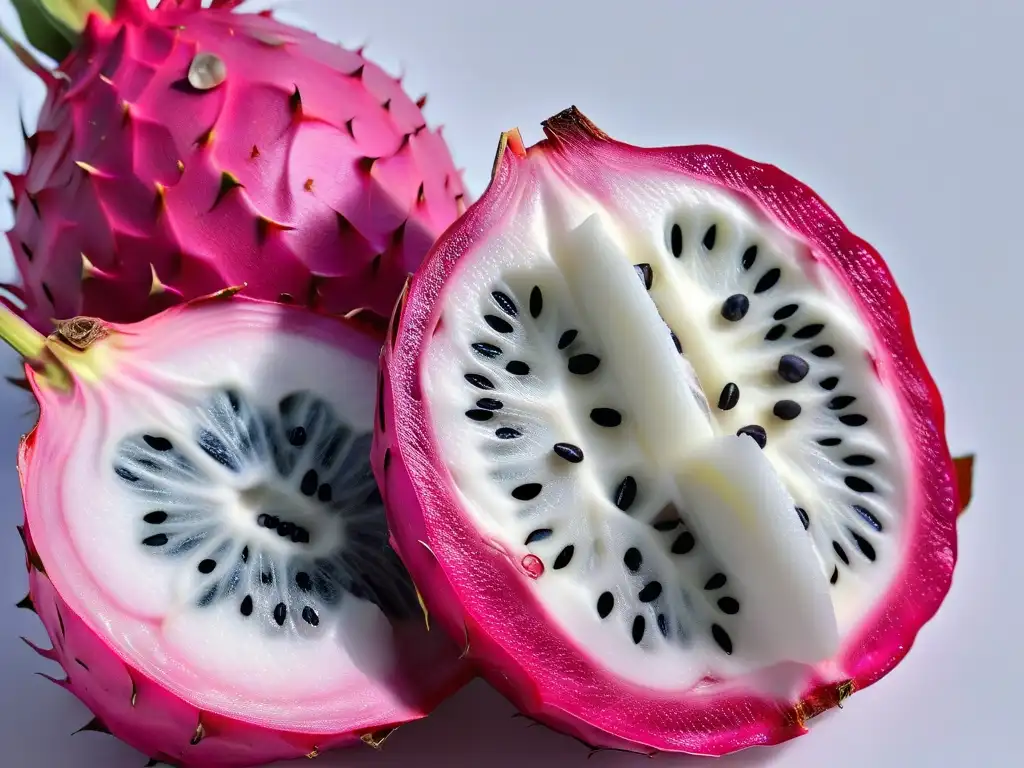 Ingredientes exóticos en repostería: Detalle de una pitahaya morada cortada, con pulpa blanca y semillas negras en un fondo blanco