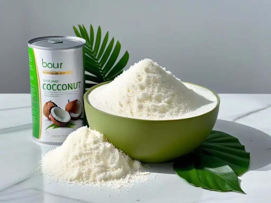 Ingredientes para la receta Kuih Dadar coco en una moderna encimera de cocina de mármol, con coco rallado, hojas de pandan y leche de coco