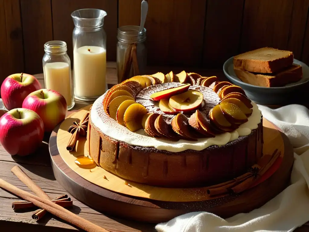 Ingredientes para una receta de pastel de manzana especiado en un acogedor ambiente invernal