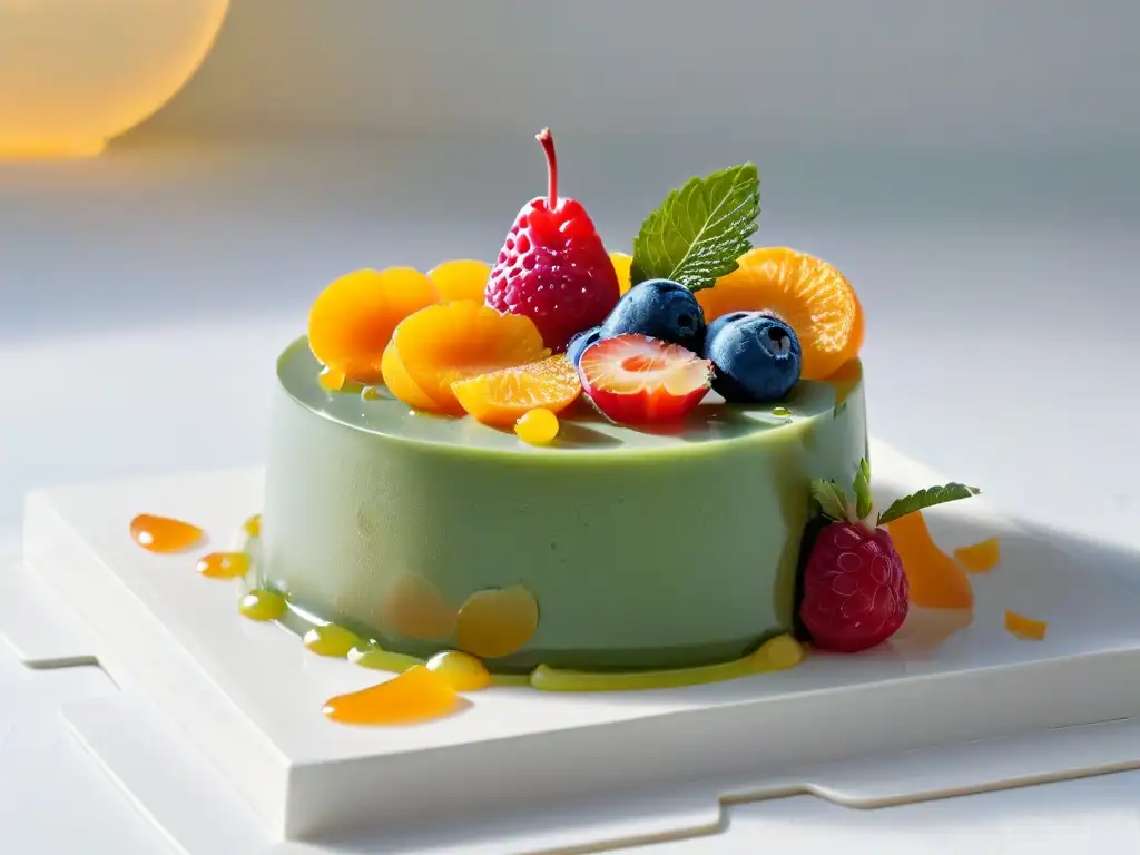 Una innovación en Gelatinas Gourmet Saludables: postre vibrante y creativo con frutas frescas en gelatina transparente, en plato blanco elegante