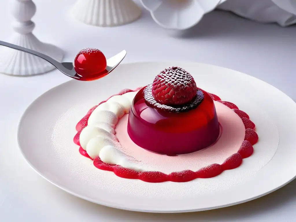 Una innovación en mousses y geles: exquisita mousse de frambuesa con esfera brillante, en plato blanco minimalista