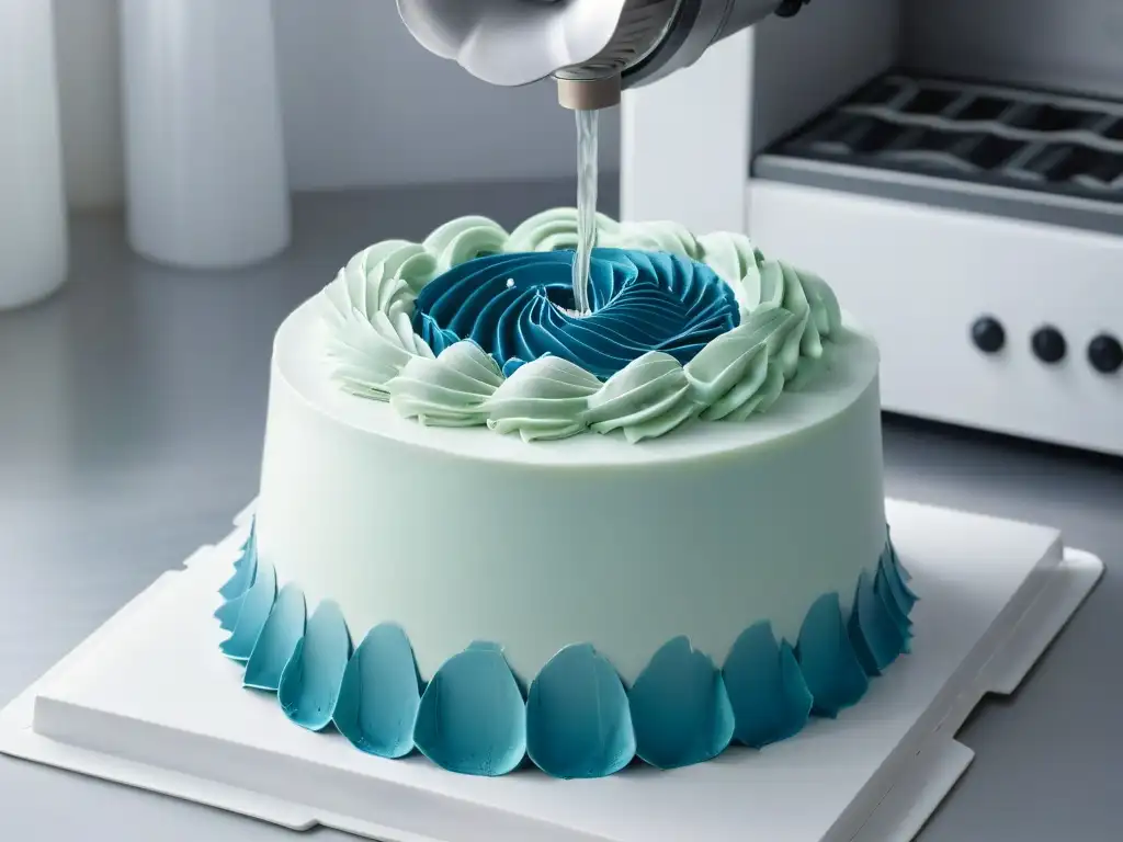 Innovaciones en máquinas de fondant para repostería: Detalle ultradetallado de una elegante máquina en acción, mostrando su mecánica intrincada