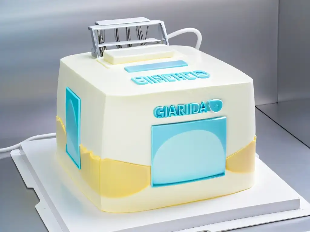 Innovaciones máquinas fondant repostería: Futurista máquina fondant cromada con controles digitales y extrusor preciso, sobre fondo pastel