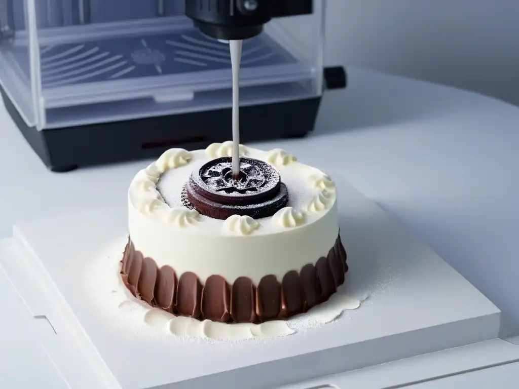 Un innovador diseño de postres impresos en 3D, mostrando la tecnología futurista y precisa en acción