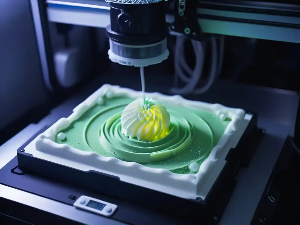 Innovadora tecnología 3D crea moldes personalizados para postres con precisión y detalle, iluminada por luz ambiental suave