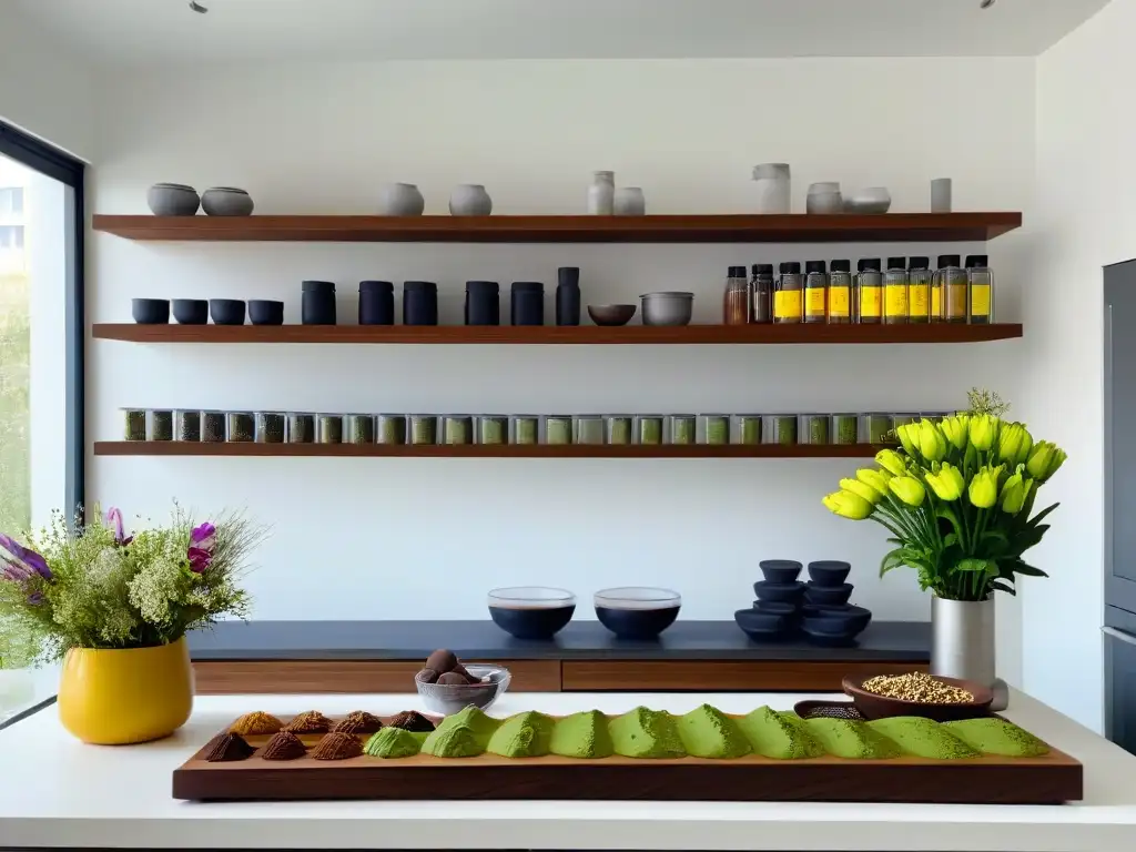 Moderna cocina minimalista con ingredientes innovadores para repostería Inspirador y creativo surtido de ingredientes especiales para repostería en una cocina moderna y elegante