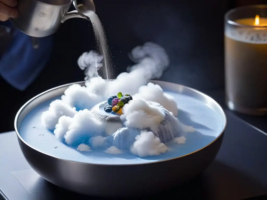 Creación de sorbete instantáneo con nitrógeno líquido Intenso vapor de nitrógeno líquido en bol de acero inoxidable, inspirando recetas sorbetes nitrógeno líquido
