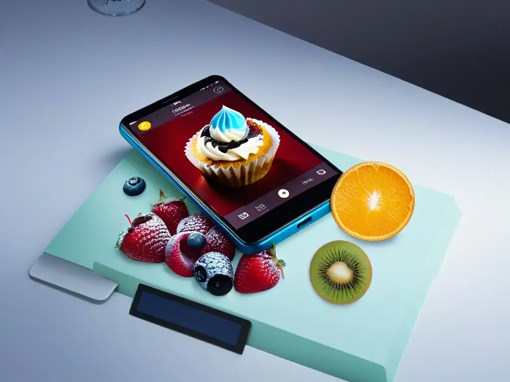 Interfaz de app de diseño de postres del futuro con herramientas 3D y opciones personalizables