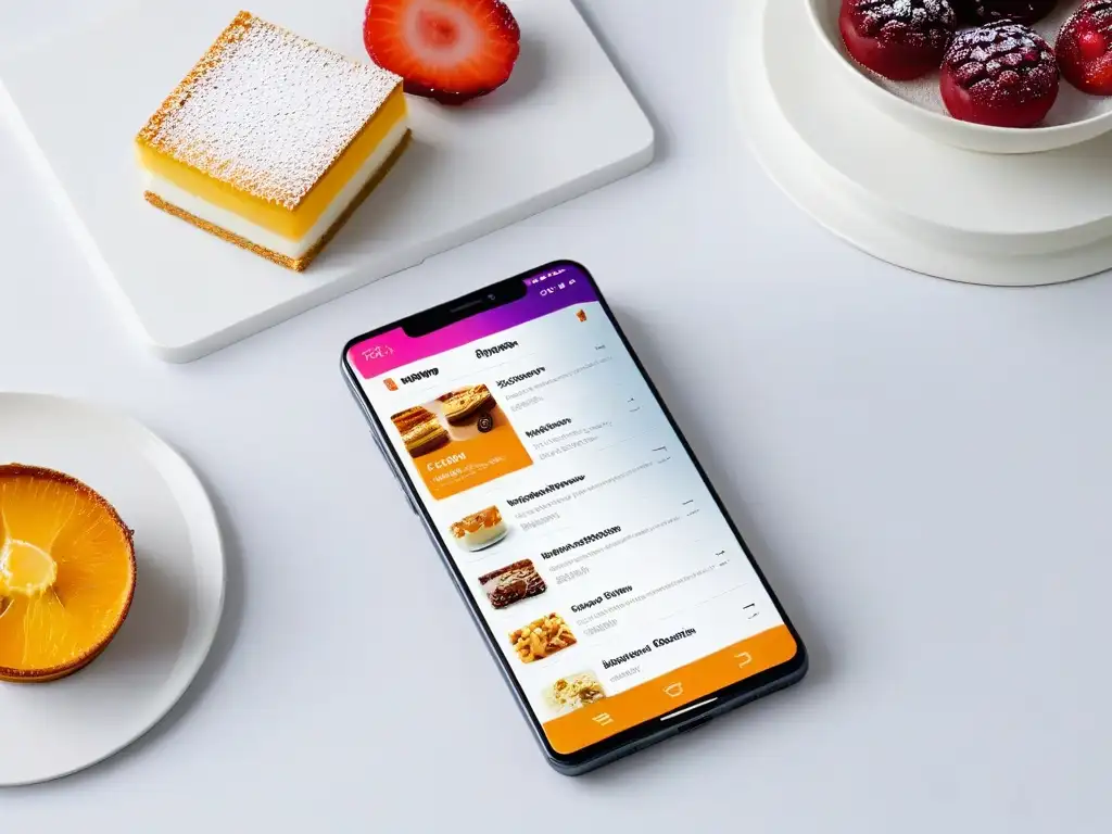 Interfaz de app pastelería creativa para chefs, con diseño elegante y vibrante